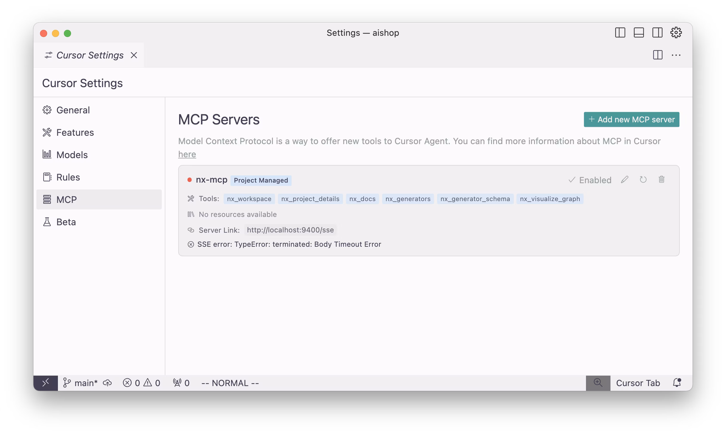 Cursor MCP setting screen showing the enabled Nx MCP server